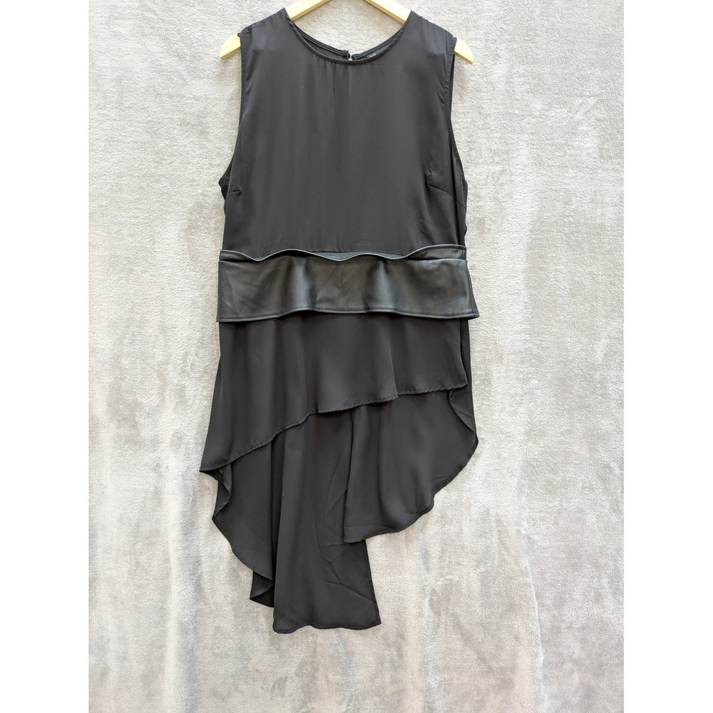 Asymmetrical Mini Dress Womens XL Sleeveless Black Faux Leather Trim Avant Garde